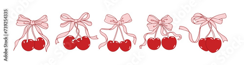 Cherry and bow coquette vector, hand drawn red cherry set photo