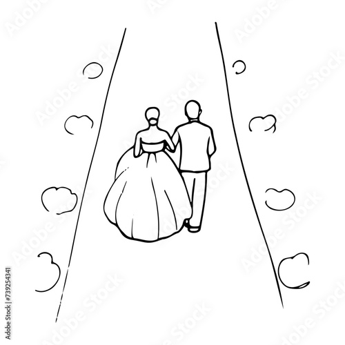 man and a woman walk along a path with bushes. hand drawn illustration bride and groom, bride and father walking down the aisle