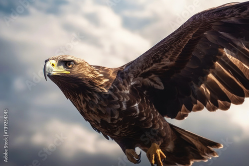 Close-up of an eagle flying in the sky under the clouds.