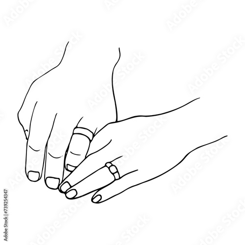 male and female hands intertwined  on each hand a ring on the ring finger. hand drawn illustration newlyweds  married or just engaged