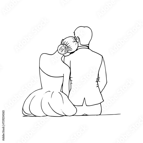 man and woman sit with their backs to the viewer, the woman lowered her head on the man’s shoulder. hand drawn illustration newlyweds