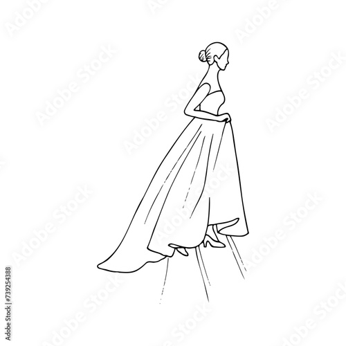 woman in a long dress with a bun on her head climbs the stairs, lifting her hem. hand drawn illustration of a woman in profile