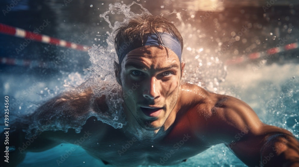 Close-up of a professional athlete swimming in a pool, a young handsome male swimmer participating in the World Swimming Championships.