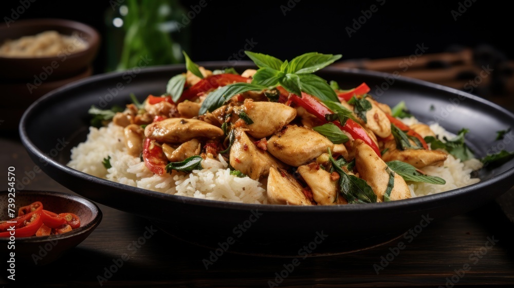 Stir-fried basil and chicken serving with fried rice (Pad Kra Pao Gai) – Thai street food. Stir-fried basil and chicken serving with fried rice (Pad Kra Pao Gai) – Thai street food.