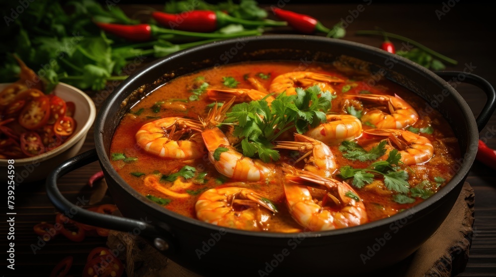 Prawn and lemon soup with mushrooms, Spicy and Sour Thai Tom Yum Goong Soup with Shrimp. Taste of Thailand