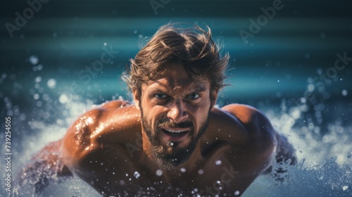 Close-up of a handsome athletic male swimmer, a professional athlete training for the swimming championship in the pool. Sports, Healthy lifestyle, Hobbies and leisure concepts. © liliyabatyrova