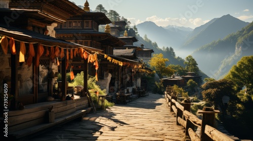 Peaceful Buddhist monastery in the mountains, traditional architecture, prayer flags fluttering, serene natural surroundings, symbolizing spirituality photo