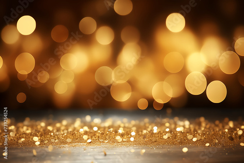 abstract gold background with blur bokeh light, glitter glow magical moment luxury atmosphere on ground stage, Generative Ai