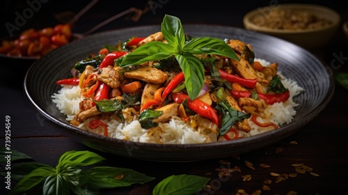 Stir-fried basil and chicken serving with fried rice (Pad Kra Pao Gai) – Thai street food.
