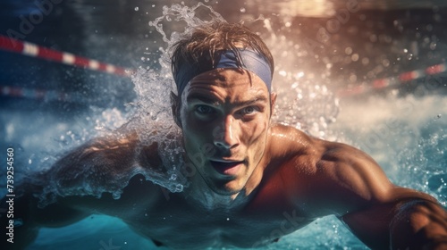 Close-up of a professional athlete swimming in a pool, a young handsome male swimmer participating in the World Swimming Championships. © liliyabatyrova