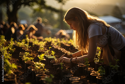 Young woman is seen kneeling down in a field filled with various plants. She appears to be interacting with the plants, possibly tending to them or examining their growth