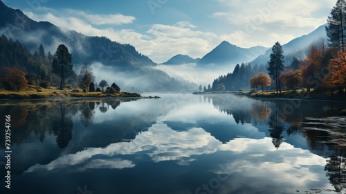 Serene lake reflecting the surrounding mountains and sky at dawn, mist hovering over the water, capturing the peacefulness and symmetry of natural lan