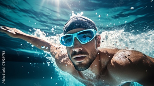 Close-up of a professional athlete, a young handsome male swimmer wearing safety glasses and a hat, swimming in a pool, participating in the World Swimming Championships. Sports, Healthy lifestyle.