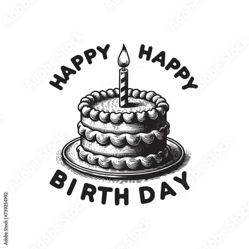  birthday cake with candle vintage retro hand drawn art style vector illustration