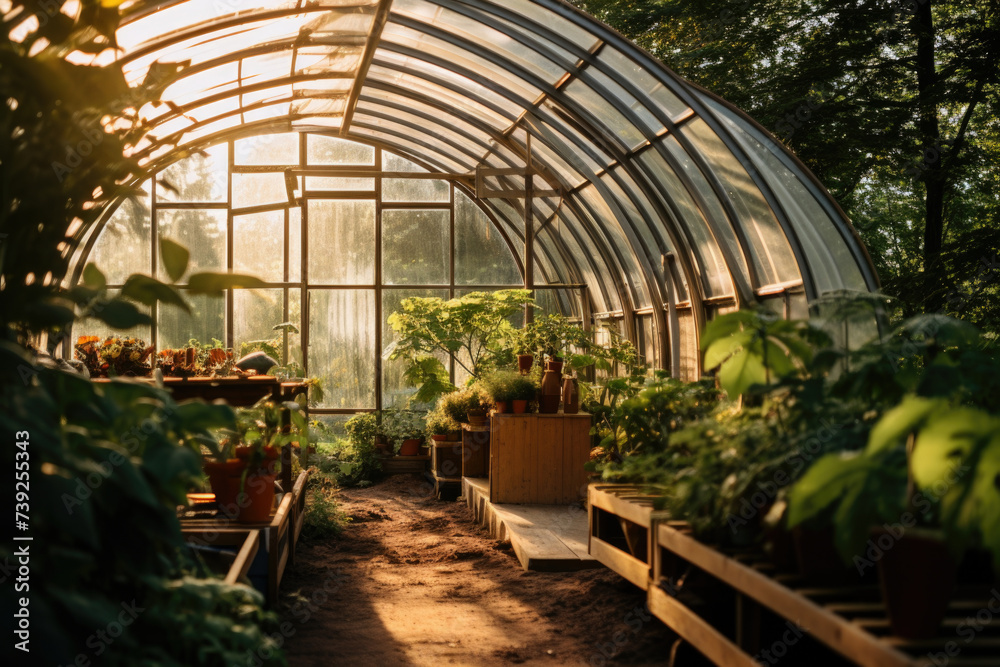 Plants inside a historic greenhouse. Fresh plants, tropical jungle and palms
