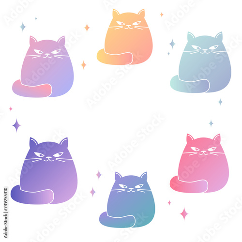 Vector cartoon set of cats. Bright and colorful gradient. Funny cunning kitten isolated on white background