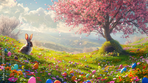  A field of vibrant wildflowers, with the Easter Bunny's burrow peeking out from beneath a blossoming tree, surrounded by hidden eggs