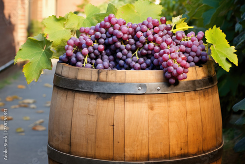 Tasty grape on wooden barrel on plantation background