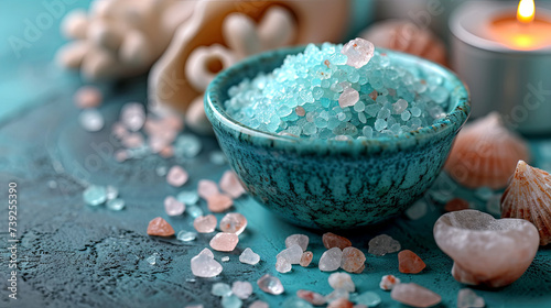 Blue sea salt in a plate on a blue background  spa and culinary concept 