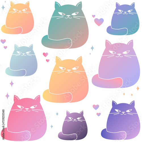 Cute and funny cats vector pattern. Cartoon cat  kitten collection with gradient. Pattern animals isolated on white background.
