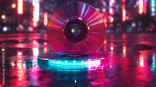 compact disc on neon background, digital optical disc data storage, multimedia  photo