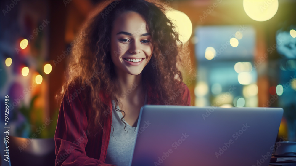 Young woman working on laptop in cafe