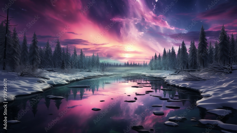 Northern lights (Aurora Borealis) dancing over a snowy landscape, vibrant green and purple colors in the sky, reflection on the snow, capturing the ma