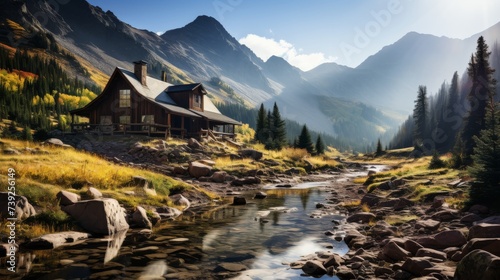 Mountain cabin nestled in a forest clearing, smoke rising from the chimney, surrounded by towering peaks, capturing the solitude and beauty of mountai photo
