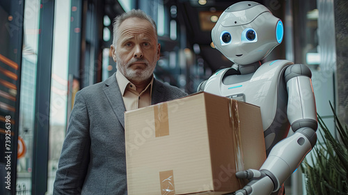 Dismissed office employee clutches a box containing his belongings against a backdrop of robots. Substituting Human Employment with Artificial Intelligence photo