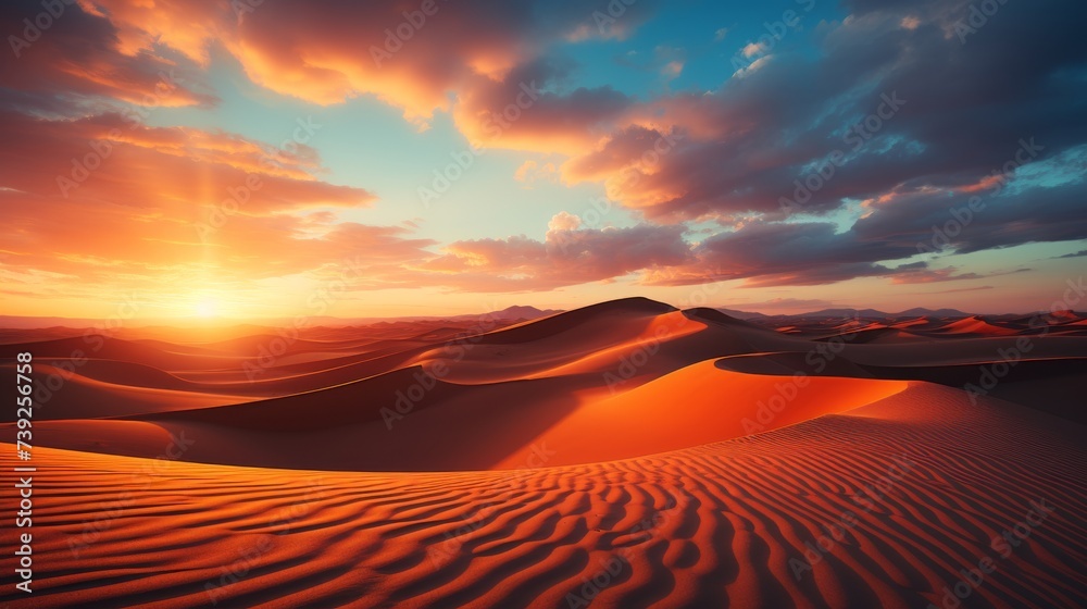 Sunset over a desert in an exotic country, vast sand dunes creating patterns, warm hues, capturing the harsh yet beautiful environment, Photography, l