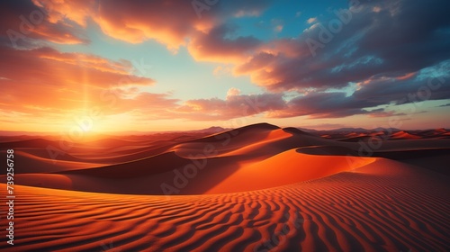 Sunset over a desert in an exotic country  vast sand dunes creating patterns  warm hues  capturing the harsh yet beautiful environment  Photography  l