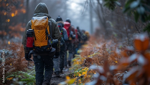 Group of Hikers Trekking Through Misty Autumn Forest with Backpacks