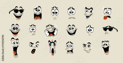 Set of retro faces. Vintage emotional face, old style funny eyes and mouth, different facial expression. Vector set