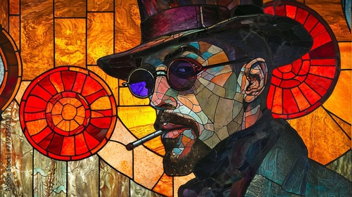 Artistic representation of a figure with a hat and sunglasses against a textured stained-glass backdrop, evoking intrigue.