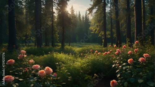 A beautiful forest landscape with trees in the spring, there are colorful roses, the lighting is calm and the sky is clear 8k, REAL, raw style