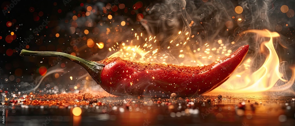 Red hot chili pepper in fire on black background. Chili pepper burning in fire.Generative Ai - obrazy, fototapety, plakaty 