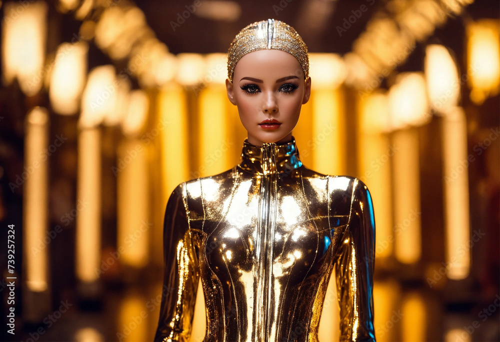 A metallic-clad woman, with a human face and mannequin-like stance, embodies the concept of a living doll in the world of high fashion A metallic-clad woman, with a human face and mannequin-like stance, embodies the concept of a living doll in the world of high fashion