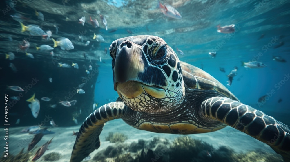 Obraz premium Garbage under the sea, marine animals. Focus on a large sea turtle in the mouth of a garbage can. Because think it's food.