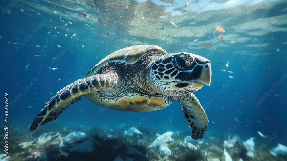 Obraz premium Garbage under the sea, marine animals. Focus on a large sea turtle in the mouth of a garbage can. Because think it's food.
