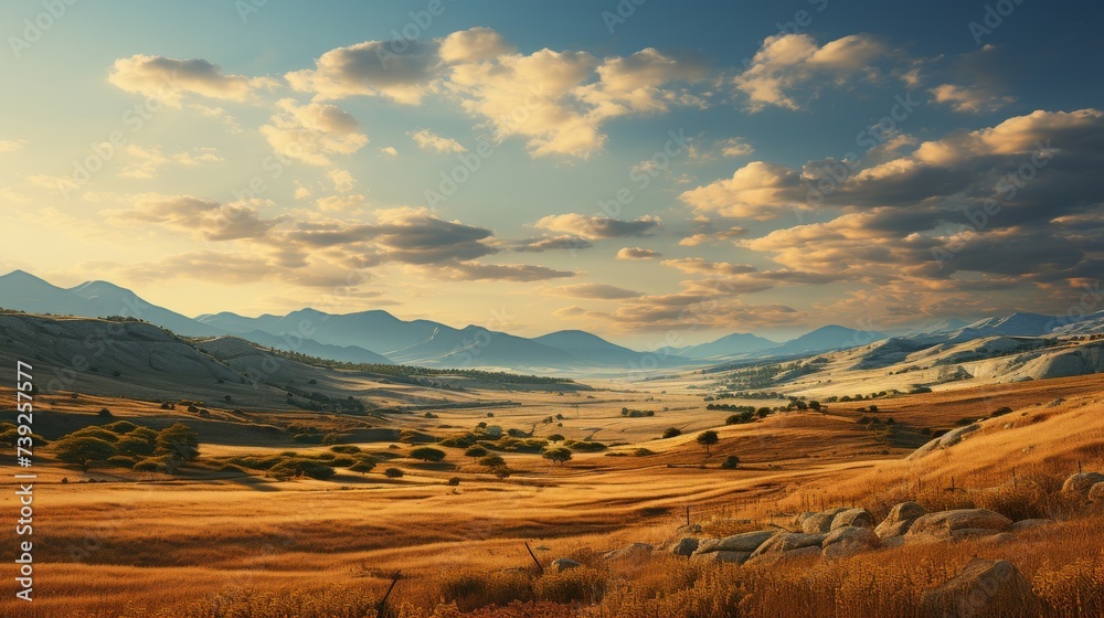 Rolling hills illuminated by the soft light of sunset, warm golden tones over the landscape, a feeling of tranquility and warmth, Photography, capture