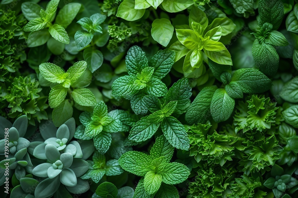 Lush green herbs - mint, peppermint, and spearmint - convey freshness and health in nature. - obrazy, fototapety, plakaty 