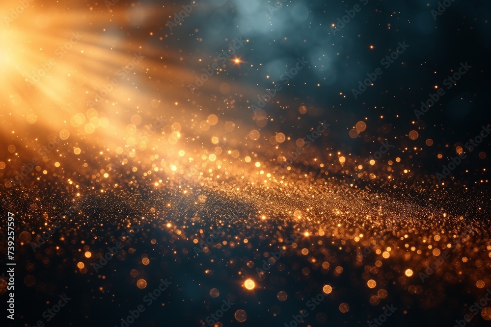 A magical Christmas party with golden bokeh, shimmering dust, and abstract sparkling lights.
