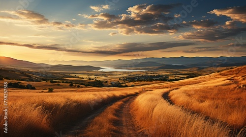 Rolling hills illuminated by the soft light of sunset, warm golden tones over the landscape, a feeling of tranquility and warmth, Photography, capture