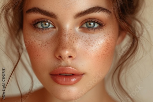 A portrait of a young woman with perfect skin, natural makeup, and freckles.