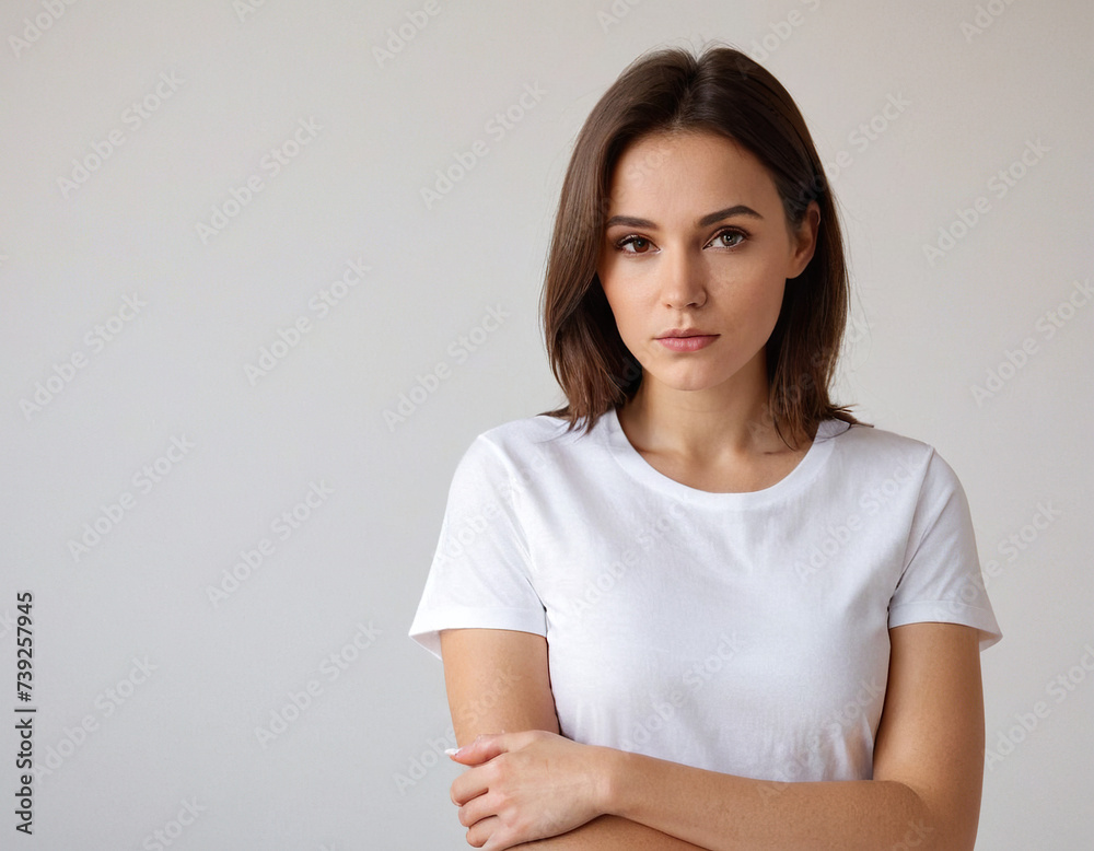 realistic photo of a beautiful pensive brunette in a white T-shirt on a white background realistic photo of a beautiful pensive brunette in a white T-shirt on a white background