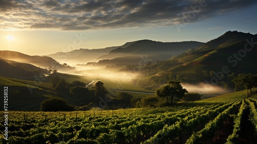 Sunrise over rolling vineyard hills, rows of grapevines, morning dew visible, conveying the beauty and tranquility of a vineyard landscape, Photoreali photo