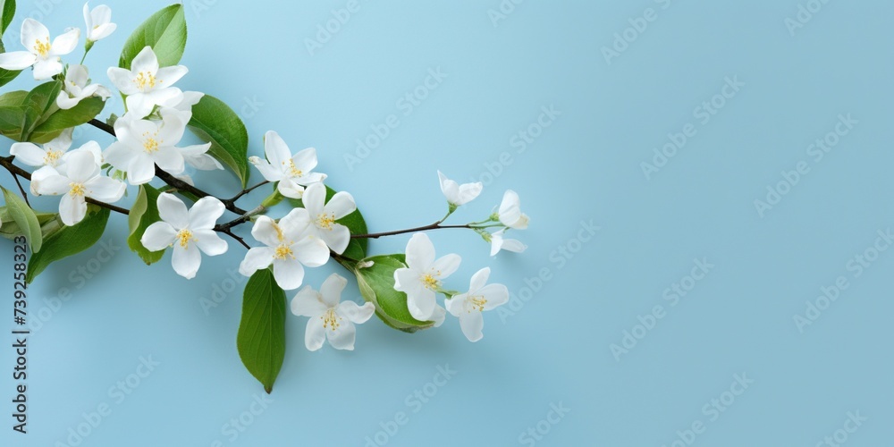Blue backdrop with jasmine flowers and empty space for text
