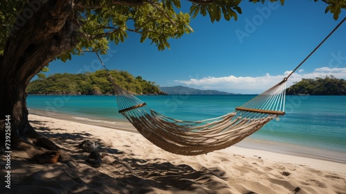 Hammock strung between two palm trees on a white sandy beach, turquoise ocean in the background, symbolizing relaxation and paradise, Photorealistic, © ProVector