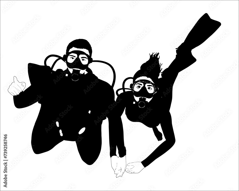 Black and white Scuba diver couple illustration Black and white Scuba diver couple illustration