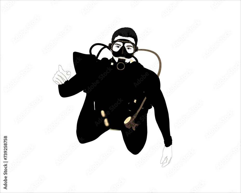 Black and white Male scuba diver pointing Black and white Male scuba diver pointing